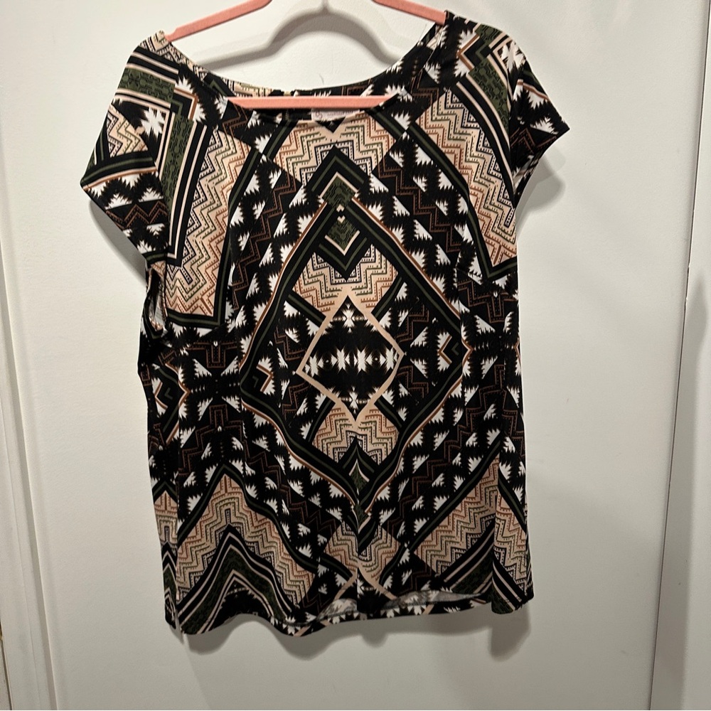 Black, Tan and Green Graphic Blouse with Crew Neck and Flutter Sleeves